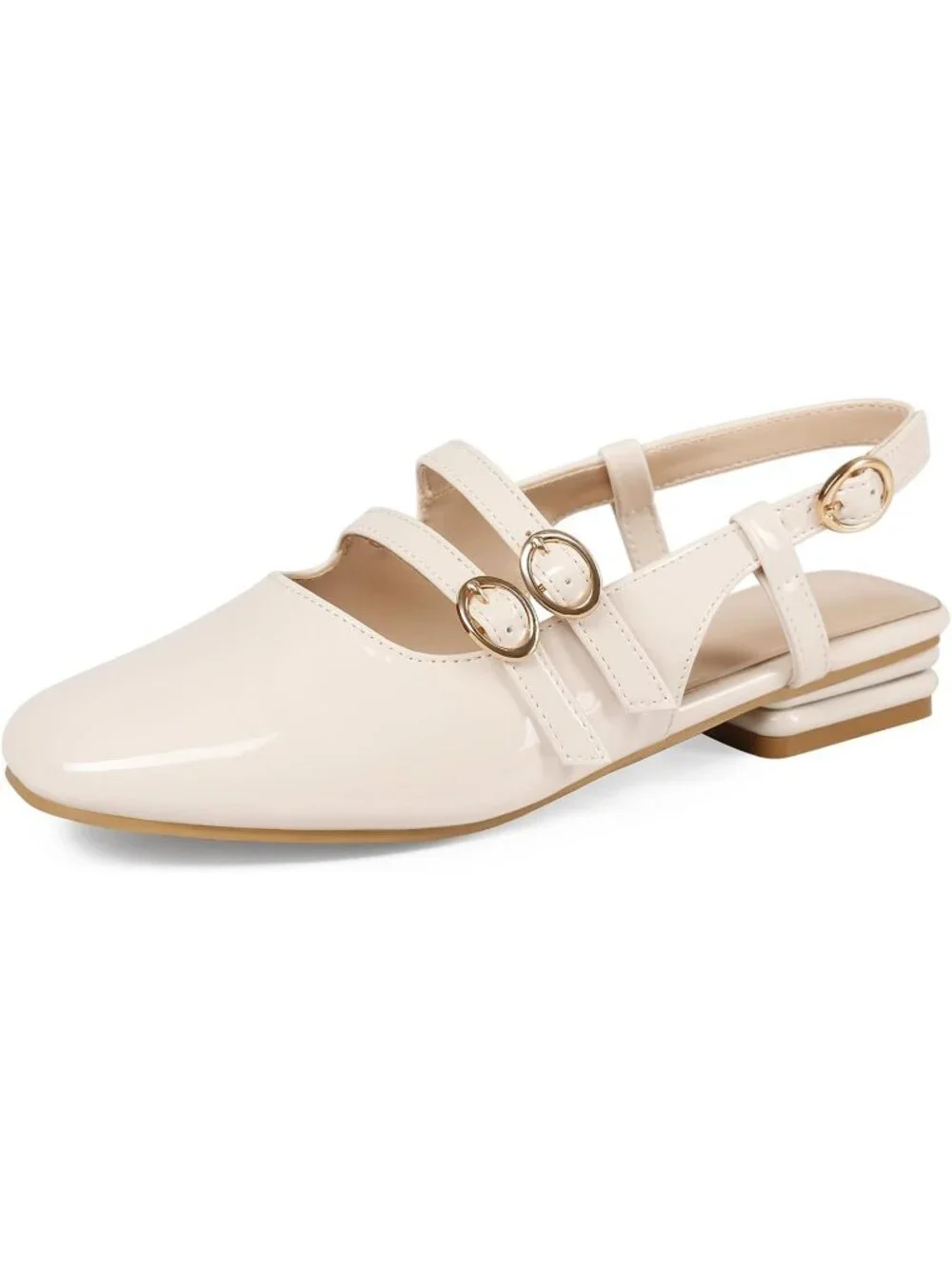 Women's Apricot Faux Leather Closed Square Toe Strap Slingback Low Heels Pumps